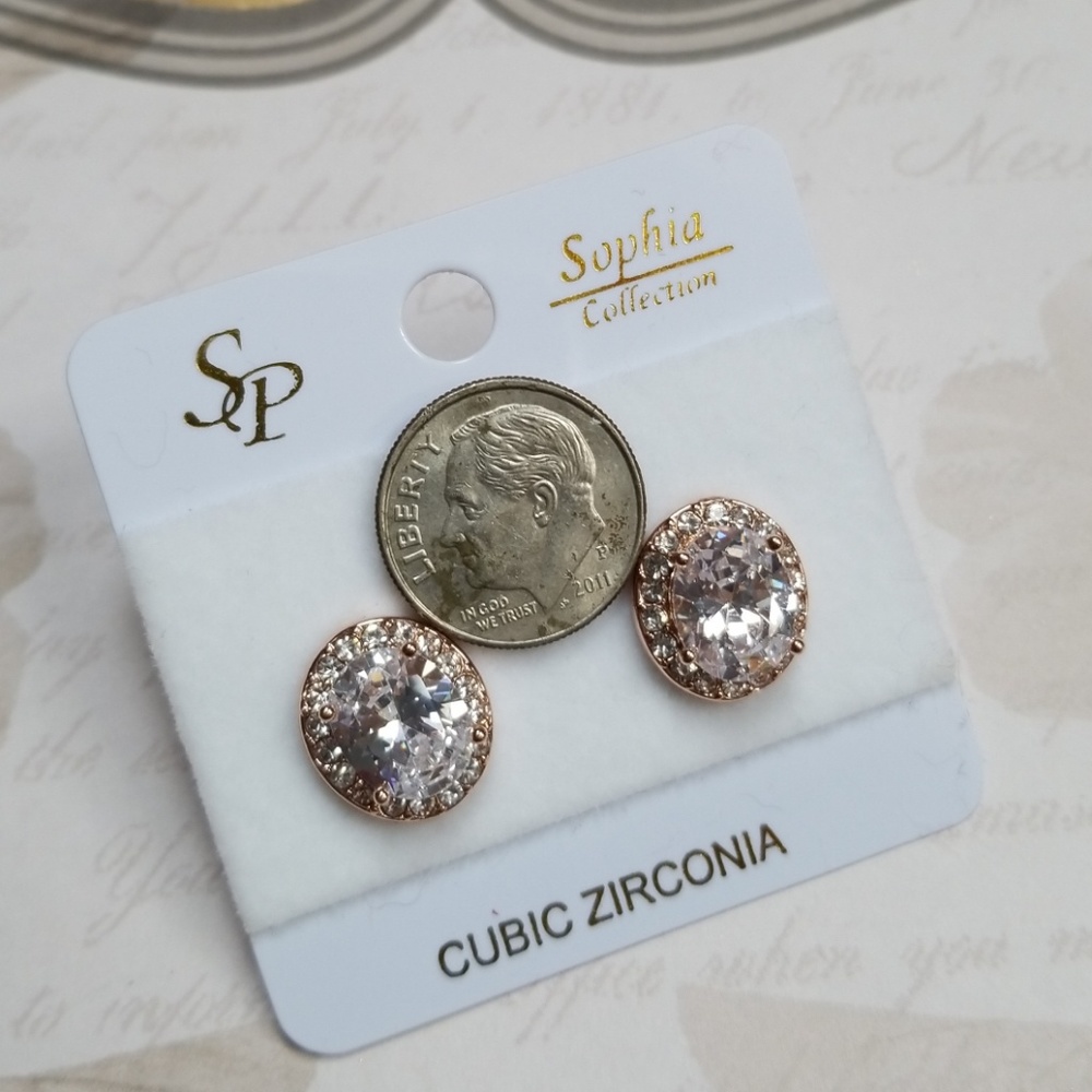 Cubic Zirconia Rose Gold Post Back Oval Earrings For Pierced Ears - Picture 11 of 12